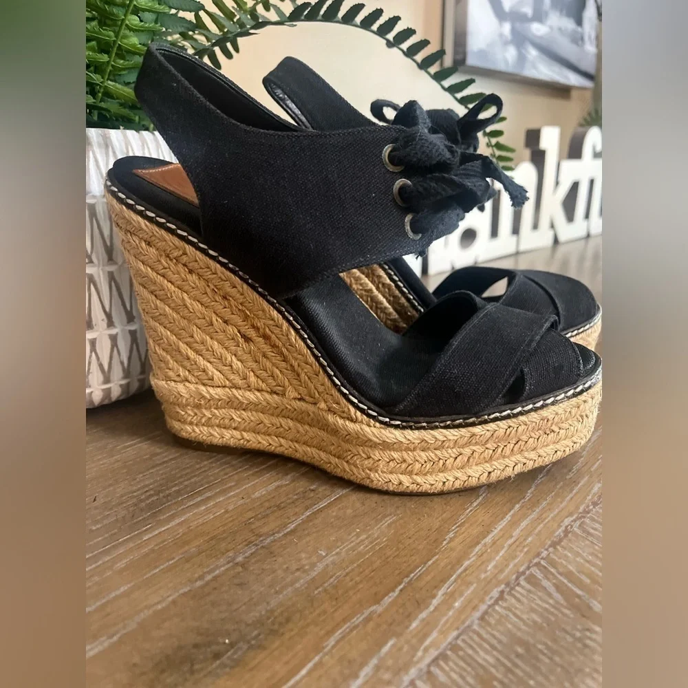 TORY BURCH Black Lace Up Canvas Espadrille Wedges Sandals Size 5
